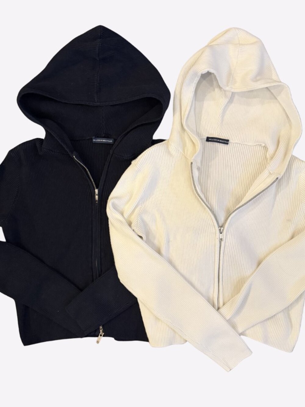 Bundle of 2 Brandy Melville Zip-Up Hooded Sweaters Navy & White One Size Cotton